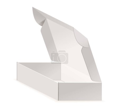 Téléchargez les illustrations : Boîte en papier blanc réaliste 3d vecteur Mockup pour les présentations professionnelles. Conception de rendu de maquette ouverte et vide de vue d'angle latérale de paquet de carton, parfaite pour des projets de marque et d'emballage - en licence libre de droit
