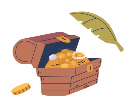 Illustration for Pirate Trunk with Gold. Weathered Oak Chest Adorned With Brass Fittings, Conceals Untold Treasures Within. Its Lid, Marked By Time, Guards The Secrets Of A Bygone Era. Cartoon Vector Illustration - Royalty Free Image
