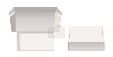Téléchargez les illustrations : Boîte en carton blanc fermée et ouverte Vue du dessus Mockup, minimaliste et polyvalent, parfait pour mettre en valeur les conceptions d'emballage de produits, l'identité de marque ou les présentations. Modèle réaliste de rendu vectoriel 3D - en licence libre de droit