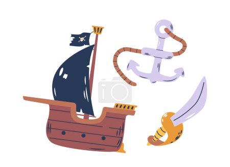 Illustration for Pirate Items Set, Ship with Black Sails, Gleaming Cutlass and Anchor Creating An Iconic Swashbuckler Look For Daring Seafaring Adventures. Isolated Corsair Themed Elements. Cartoon Vector Illustration - Royalty Free Image