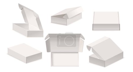 Illustration for White Paper Boxes Mockup Set Features Versatile And Customizable Designs For Packaging Presentations and Showcasing Branding And Product Visuals or Identity. Realistic 3d Vector Mock Up Collection - Royalty Free Image