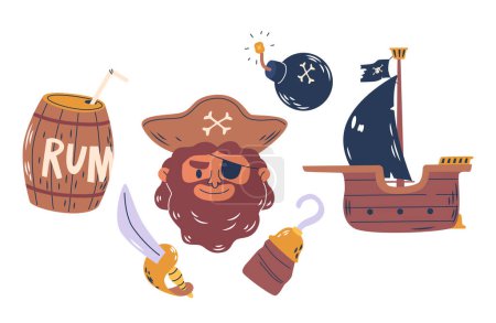 Illustration for Pirate Set, Weathered Rum Barrel, Bomb with Burning Wick, Gleaming Cutlass, Corsair in Tricorn Hat And Eyepatch, Hand Hook and Ship. Seafarer Essentials For Swashbuckling Adventures On The High Seas - Royalty Free Image