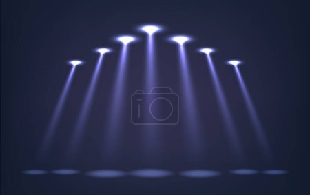Illustration for Spotlight Beams, Realistic 3d Vector Focused, Intense Rays Of Light Fall from Ceiling For Highlighting Or Illuminating Areas Or Objects, Employed In Theaters, Stages, Outdoor Events And Architecture - Royalty Free Image