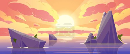 Ilustración de Puesta de sol en el fondo del paisaje oceánico. El sol se sumerge debajo del horizonte, proyectando un cálido y dorado resplandor a través de la tranquila superficie del mar. Las olas bailan en tonos de naranja y rosa, creando un lienzo sereno para la naturaleza - Imagen libre de derechos