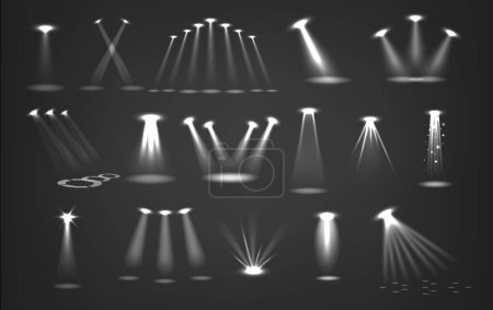 Illustration for Monochrome Spotlight Beams Set. Concentrated, Intense Rays Of Light Illumination Create A Focused, Dramatic Effect, Emphasizing And Drawing Attention To The Illuminated Subject Realistic 3d Vector Set - Royalty Free Image