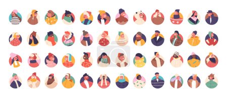 Illustration for Charming Collection Of People Avatars In Snug Winter Hats, Exuding Warmth And Style, Embracing The Cozy Spirit Of The Season. Diverse Characters Portraits, Round Icons. Cartoon Vector Illustration - Royalty Free Image