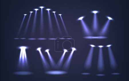 Illustration for Realistic 3d Spotlights Set. Focused Light Beams Illuminate Areas Or Objects, Enhancing Visibility And Drawing Attention, Used In Stages, Museums, Stadiums Or Architectural Displays, Vector Collection - Royalty Free Image