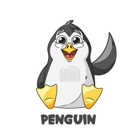 Téléchargez les illustrations : Caractère animé de pingouin de bande dessinée avec un ventre rond, bec orange, et grands yeux expressifs. Personnage drôle mignon d'oiseau agitant une aile, rayonnant de joie et de curiosité. Illustration vectorielle de bande dessinée - en licence libre de droit