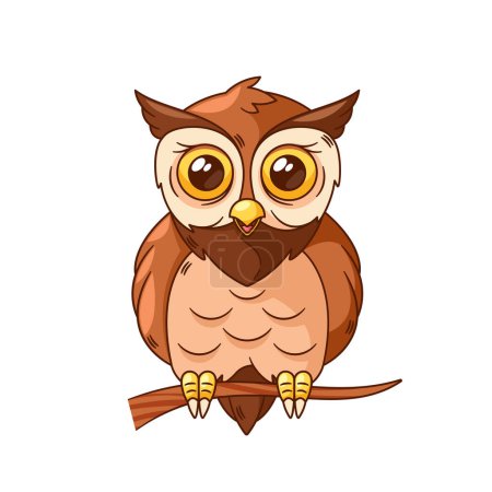 Illustration for Wise And Whimsical Cartoon Owl Bird Character With Large, Expressive Eyes, Adorned In Colorful Feathers. Charming, Playful and Endearing Feathered Personage Sitting on Tree Branch. Vector Illustration - Royalty Free Image