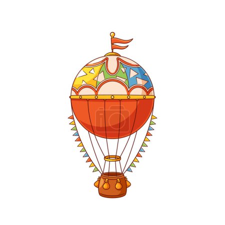 Téléchargez les illustrations : Ballon à air chaud avec drapeaux colorés et panier. Grand avion rempli d'air chaud, lui permettant de se lever et de flotter. Les passagers profitent de vues panoramiques pendant les vols lents. Illustration vectorielle de bande dessinée - en licence libre de droit