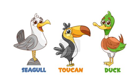 Illustration for Whimsical Cartoon Birds Characters, Carefree Seagull, Vibrant Toucan With A Colorful Beak, And A Quacking Duck With A Friendly Demeanor. Cartoon Vector Illustration Isolated on White Background - Royalty Free Image