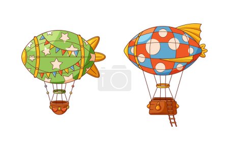 Illustration for Hot Air Balloons or Dirigibles, Buoyant Aircraft Filled With Heated Air, Enabling Them To Ascend. Colorful Fabric Envelopes Create Whimsical And Serene Spectacle In Sky. Cartoon Vector Illustration - Royalty Free Image