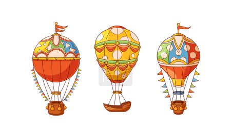 Téléchargez les illustrations : Les ballons à air chaud sont des aéronefs gonflables qui utilisent de l'air chaud pour soulever des passagers ou du fret. L'enveloppe des ballons, remplie d'air chaud, lui permet de monter gracieusement. Illustration vectorielle de bande dessinée - en licence libre de droit