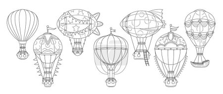 Illustration for Hot Air Balloons In Various Designs, Monochrome Linear Vector Icons Set, Capturing Whimsical Essence Of Flight. Elegant And Minimalistic, These Outline Signs Convey The Joy Of Ballooning Adventures - Royalty Free Image
