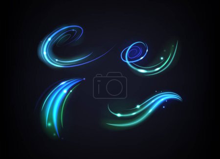 Illustration for Vector Light Waves, Graphic Design Luminosity, Swirls, And Reflection Elements Creating Dynamic Sparkling Visual Effects, Add Depth, Vibrancy, And A Sense Of Movement, Enhancing Overall Aesthetics - Royalty Free Image
