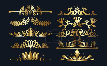 Illustration for Vector Set of Gold Decorative Elements, that Add Opulence And Sophistication To Card Designs. Their Radiant Gleam Enhances Aesthetics, Imparting A Sense Of Luxury And Timeless Antique Elegance - Royalty Free Image