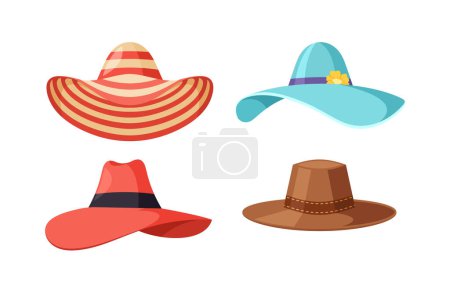 Téléchargez les illustrations : Les chapeaux d'été à large bord offrent une protection solaire élégante, une protection du visage et du cou contre les rayons nocifs. Parfait pour les journées de plage ou les événements extérieurs, offrant une ombre essentielle. Illustration vectorielle de bande dessinée - en licence libre de droit
