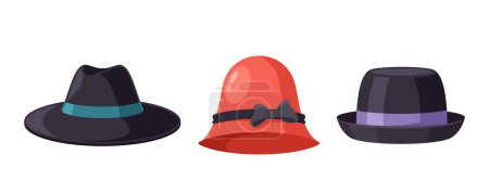 Illustration for Classic Spring Hats, Fedora, Cloche and Trilby Timeless Male and Female Accessories, Providing Stylish Sun Protection, Exude Elegance While Keeping Cool In Sunny Weather. Cartoon Vector Illustration - Royalty Free Image