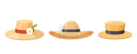 Téléchargez les illustrations : Chapeaux Panama été classique, tissé à partir de paille naturelle, fournir une protection solaire élégante. Large bord et design léger offrent un confort et un look intemporel et sophistiqué. Illustration vectorielle de bande dessinée - en licence libre de droit