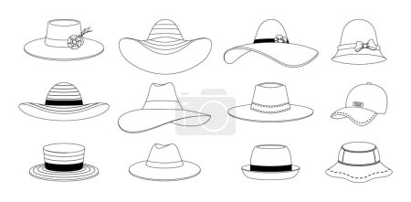 Illustration for Summer and Spring Hats Outline Monochrome Icons Set. Collection of Accessories, Male and Female Classic, Baseball or Panama Designs Offer Stylish Sun Protection. Black and White Vector Illustration - Royalty Free Image
