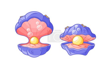 Illustration for Open Purple Sea Shell Reveals Nature Elegance, Cradling A Lustrous Pearl Within Its Embrace. Testament To Beauty Born From Simplicity And The Treasures Hidden Within. Cartoon Vector Illustration - Royalty Free Image