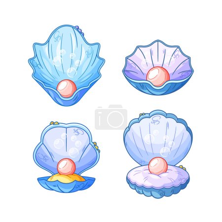 Illustration for Bivalve and Univalve Sea Shells With Lustrous Pearls, Unveils Nature Elegance, Cradles The Precious Gems, Embodying Simplicity And Beauty In Harmonious Coexistence. Cartoon Vector Illustration - Royalty Free Image
