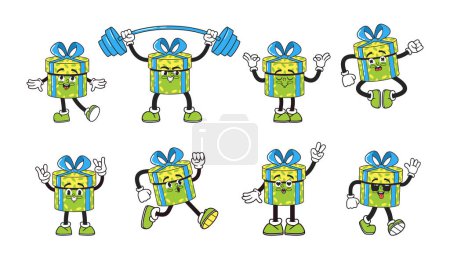 Illustration for Groovy Gift Box Characters Radiate Vibrant Colors, Adorned With Whimsical Patterns And A Funky Flair. Lively Personages for Celebration, Promising Joy And Surprises Within. Cartoon Vector Illustration - Royalty Free Image