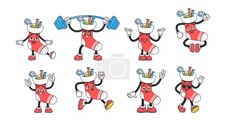 Illustration for Groovy Christmas Socks Characters, Vibrant Animated Personages in Retro Style Dancing Exercise with Barbell, Radiating Festive Cheer With Bold Colors And Playful Patterns. Cartoon Vector Illustration - Royalty Free Image
