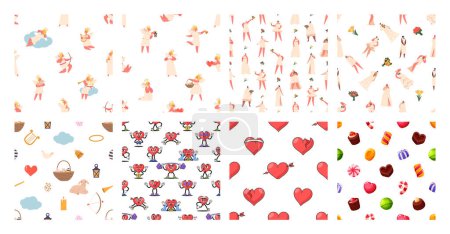 Illustration for Seamless Pattern with Love-related Design Elements. Set of Tile Backgrounds with Cute Cupids or Angels, Beautiful Brides with Flowers, Sweet Candies Desserts, Hearts. Cartoon Vector Illustration - Royalty Free Image