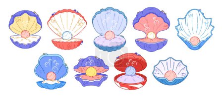 Illustration for Set of Open Shells Cradle Glistening Pearls, Luminous Treasure Born Of Nature Artistry. Its Contours Embrace The Iridescence, A Testament To The Oceanic Quiet Elegance. Cartoon Vector Illustration - Royalty Free Image