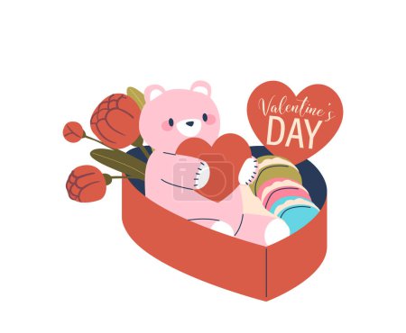 Ilustración de Idea romántica del regalo del día de San Valentín, caja en forma de corazón con macarrones decadentes, peluche oso, rosas rojas y una tarjeta sentida para una expresión inolvidable de amor y celebración juntos - Imagen libre de derechos