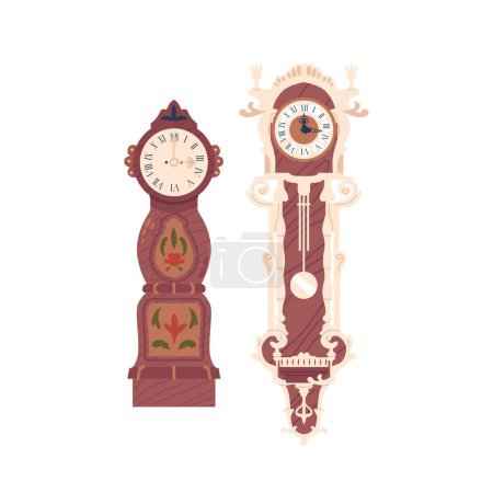 Illustration for Antique Grandfather Clocks, Crafted from Wood With Precision And Artistry, Embody Timeless Elegance. Their Hand-wound Mechanism Evoke Nostalgia, While Ornate Designs Showcase Craftsmanship of the Past - Royalty Free Image