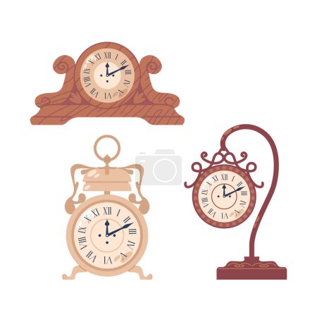 Illustration for Antique Clocks, Crafted With Precision And Artistry, Evoke The Charm Of Bygone Eras. Timeless Timepieces Showcase Intricate Designs, Mechanical Mastery, And A Rich History. Cartoon Vector Illustration - Royalty Free Image