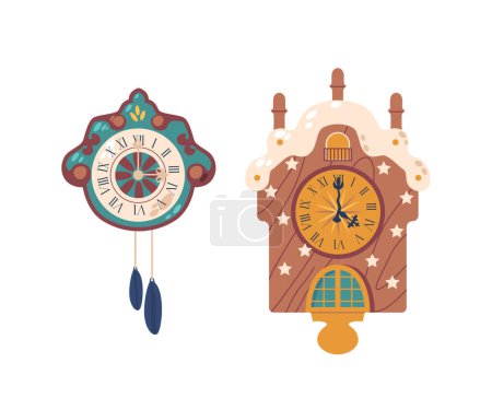Illustration for Antique Cuckoo Clocks Crafted With Intricate Woodwork Feature Charming Cuckoo Bird That Announces The Hour. Hand-painted Details And Traditional Mechanics Make Them Timeless Pieces Of Art And Function - Royalty Free Image