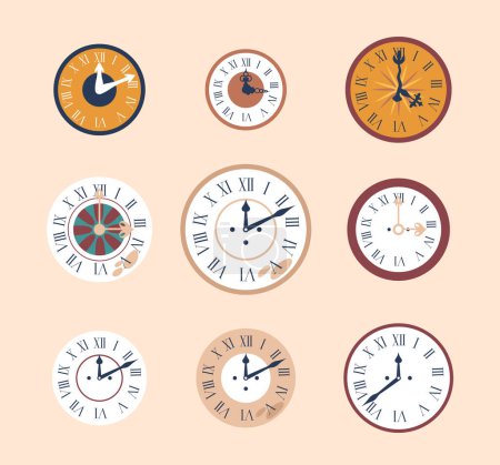 Illustration for Vector Set of Antique Clock Dials, Crafted With Precision, Showcase Intricate Designs And Ornate Roman Numerals. Round Timeless Timepiece Faces Evoke Nostalgia, Combining Artistry And Functionality - Royalty Free Image