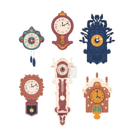 Illustration for Set of Antique Wall Clocks, Exuding Timeless Elegance. Crafted With Precision, Each Piece Is A Testament To Craftsmanship, Adding A Nostalgic Allure To Any Space. Cartoon Vector Illustration - Royalty Free Image