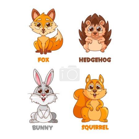 Adorable Cartoon Forest Animal Characters. Fuzzy Bunny, Smart Fox, Cute Hedgehog and Curious Squirrel with Smiling Faces. Funny Creatures Inhabit A Vibrant Whimsical Woodland. Vector Illustration