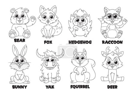 Illustration for Cartoon Forest Animal Characters Outline Monochrome Vector Icons Set. Cute Bear, Fox, Hedgehog and Raccoon. Bunny, Yak, Deer and Squirrel Linear Personages With Vibrant Fur And Animated Expressions - Royalty Free Image