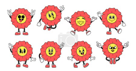 Illustration for Cartoon Groovy Retro Flowers Emoji Features Vibrant, Psychedelic Daisy Blooms Reminiscent Of The 60s And 70s. Its Lively Colors And Funky Design Evoke Nostalgic, Playful Vibe, To Digital Communication - Royalty Free Image