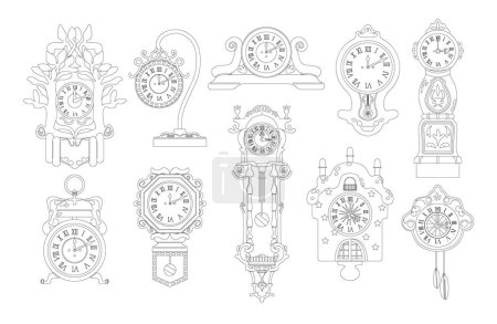 Illustration for Antique Clocks Outline Vector Icons Set, Intricate Black And White Timepieces From Bygone Eras, Made Ornate Designs And Mechanical Precision Evoke A Sense Of Nostalgia. Monochrome Linear Signs Set - Royalty Free Image