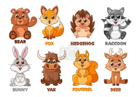 Illustration for Whimsical Cartoon Forest Animal Characters. Cute Charming Bear, Fox, Hedgehog and Raccoon. Bunny, Yak, Deer and Squirrel Personages With Vibrant Fur And Animated Expressions. Vector Illustration - Royalty Free Image