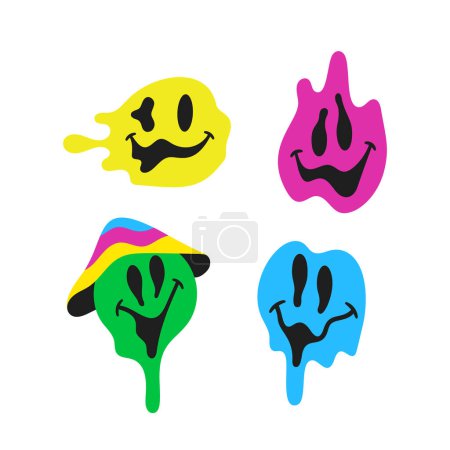 Illustration for Vector Collection Of Psychedelic Smiles Melting Or Dripping. Trippy Face Emojis With Vibrant Colors Isolated On A White Background. Vintage, Retro Cartoon Icons Exuding Positive And Groovy Vibes - Royalty Free Image