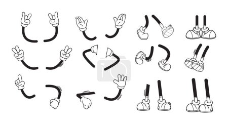 Illustration for Retro Cartoon Hands And Legs Isolated Vector Set, Features Playful Gestures, Capturing The Essence Of Classic Animation With A Nostalgic Touch. Charming And Whimsical Gloved Arms and Feet in Boots - Royalty Free Image