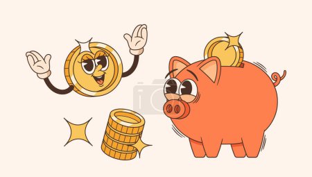 Illustration for Retro Cartoon Groovy Piggy Bank Flaunts Psychedelic Chill Demeanor. Dollar Coin Character Is A Shiny, Animated Currency, Embodying Financial Flair With A Laid-back Vibe. Vector Illustration - Royalty Free Image