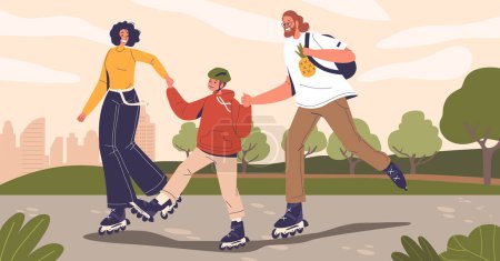 Illustration for Joyful Family Glides On Rollerskates In The Vibrant Summer Park, Laughter Echoing, Creating Cherished Memories Beneath The Warm Sun. Happy Parents Holding Son Hands, Happily Laughing, Vector Scene - Royalty Free Image