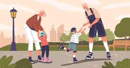 Illustration for Joyful Family Glides On Rollerskates In The Vibrant Summer Park, Laughter Echoing Amid Sunlit Trees. Kids Twirl, Parents Cheer, Creating Cherished Memories On Wheels Under The Warm Sun, Vector Scene - Royalty Free Image