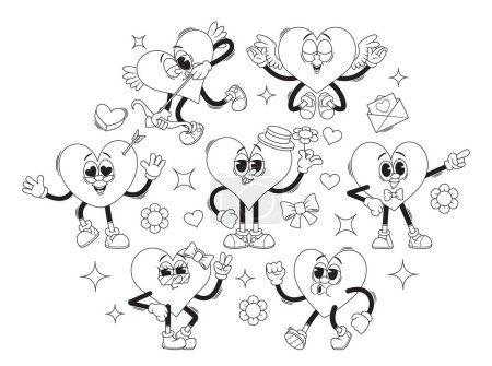 Illustration for Outline Monochrome Vector Icons Retro Cartoon Groovy Hearts Valentine Day Characters Exude Love And Positivity With Its Whimsical Design, Bright Colors, And Funky Mood, Capturing The Spirit Of The 70s - Royalty Free Image