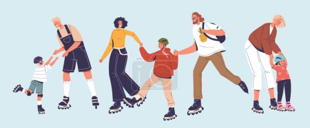 Illustration for Family Characters Parents and Kids Joyfully Glide Together On Roller Skates. People Weaving Through The Rink In A Colorful, Energetic Display Of Togetherness. Isolated Cartoon Vector Illustration - Royalty Free Image