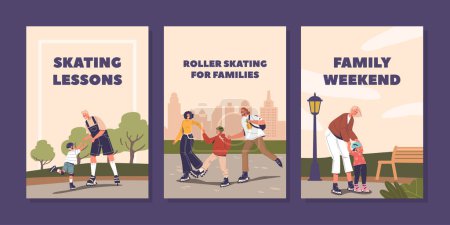 Illustration for Banners Showcase Joy As Parents And Kids Family Characters Roll Through The Park On Roller Skates, Creating Cherished Memories on Weekend. Vector Skating Lessons Concept for Banner, Poster or Flyer - Royalty Free Image