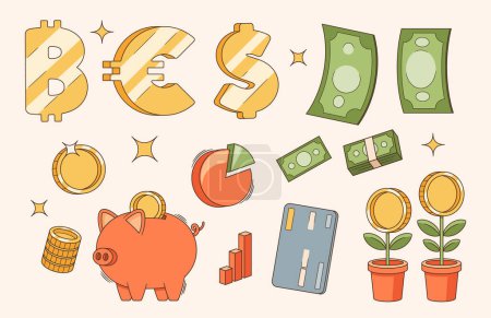 Illustration for Vibrant Retro Cartoon Business And Finance Vector Icons Set. Money Flower, Piggy Bank And Credit Card, Euro, Pie Chart, Dollar Or Bitcoin, Nostalgic Financial Elements For Adding Digital Presentations - Royalty Free Image